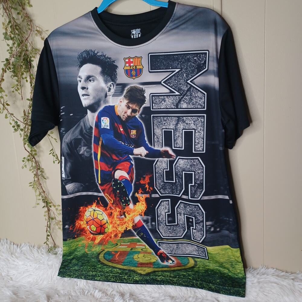 FCB Fcb Youth M Large Short Sleeve Messi Black And Gray Soccer Futbol Shirt